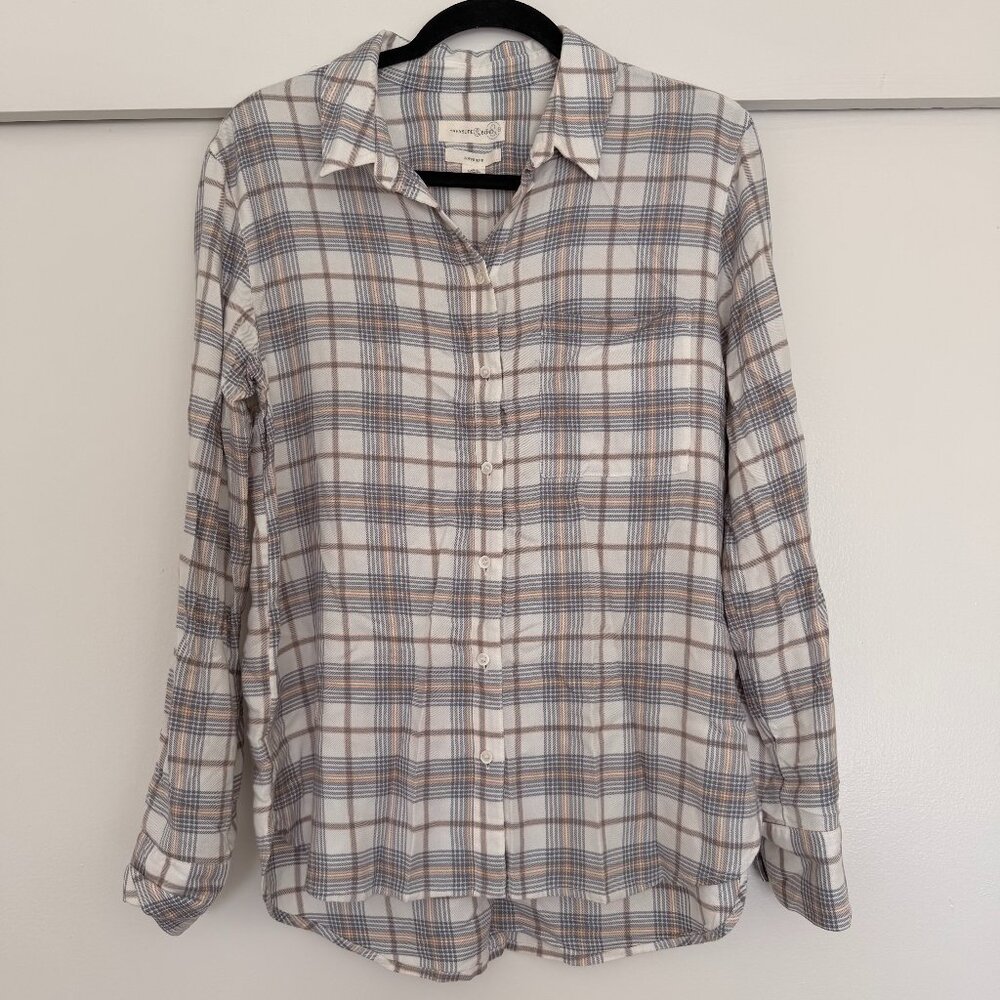 Treasure & Bond soft flannel button-down shirt in white pink blue grey plaid